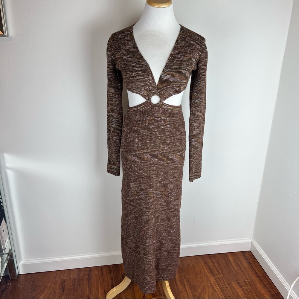 12th Tribe Brown Long Sleeve Knit Cut Out Midi Dress Size L - Picture 3 of 8